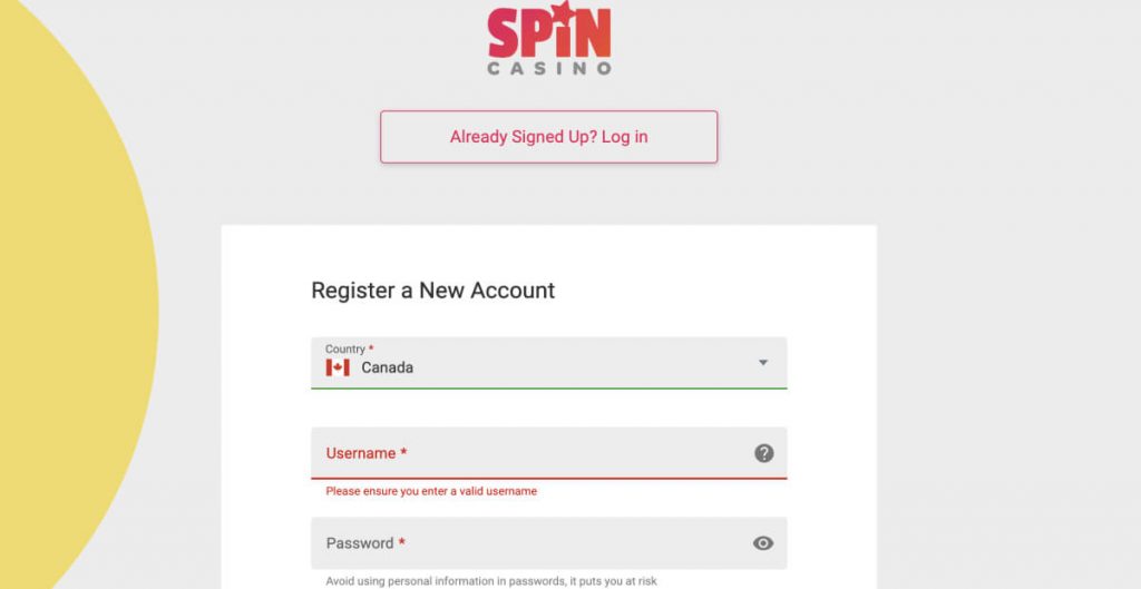 Spincasino Registration process